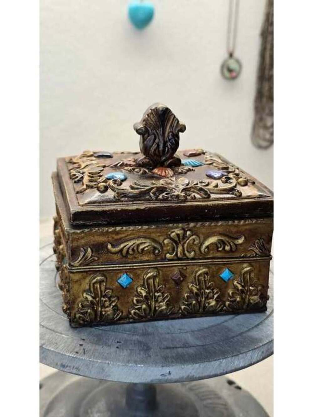 Vintage Ornate Metal Trinket Box with Jeweled Accents – Hinged Lid – 4.5”